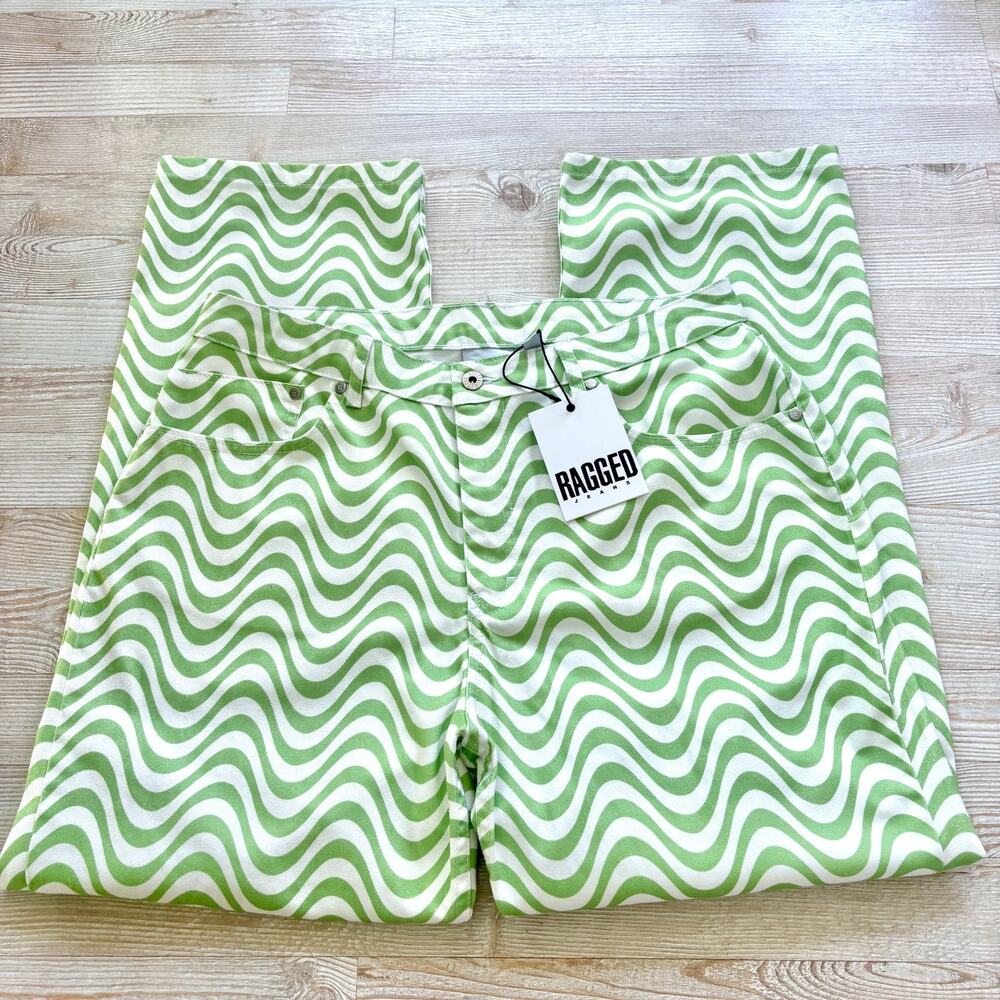 New The Ragged Priest‎ Wave Print Straight Jeans | Lime White Size 36
